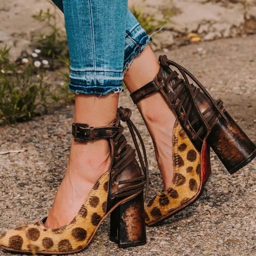 Freebird Brown Leopard Print Ankle Strap Heels